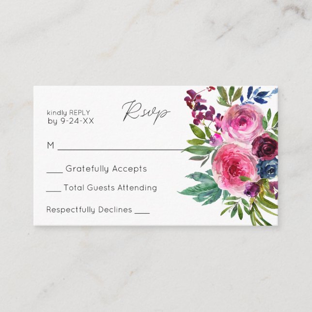 Budget Hot Pink & Navy Blu Floral 3SM No Meal RSVP Enclosure Card (Front)