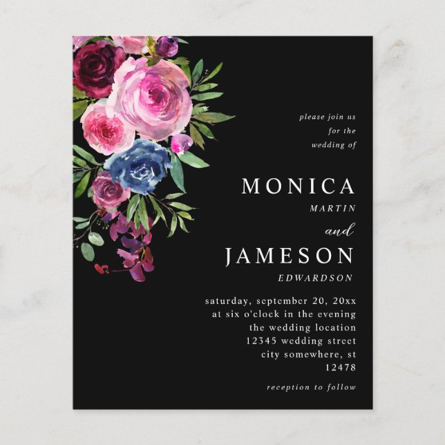 Budget Hot Pink & Navy Blue Floral Wedding 3 Black Flyer (Front)