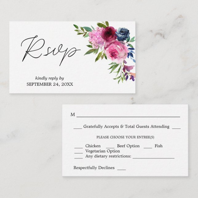 Budget Hot Pink & Navy Floral SM Meal RSVP Enclosure Card (Front/Back)