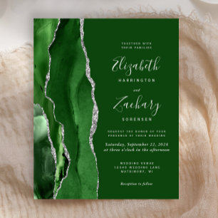 Budget Hunter Green Agate Silver Wedding Invite