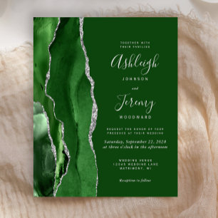 Budget Hunter Green Agate Silver Wedding Invite