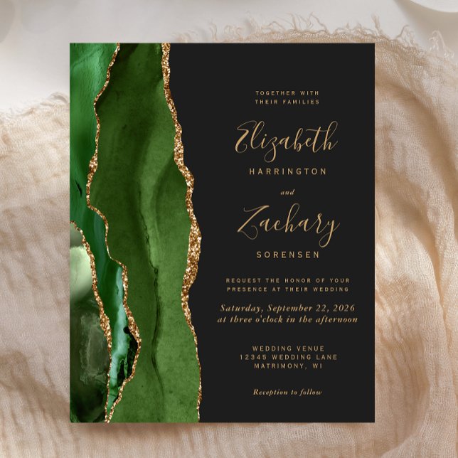 Budget Hunter Green Gold Agate Dark Wedding Invite (Creator Uploaded)