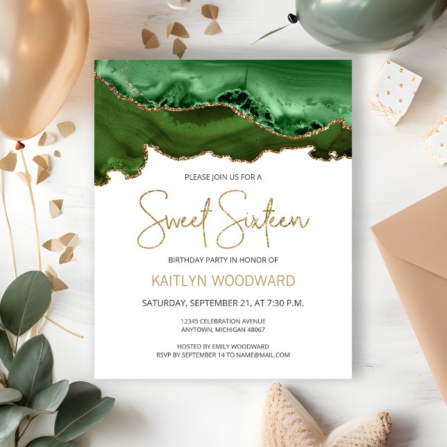 Budget Hunter Green Gold Agate Sweet 16 Invitation (Creator Uploaded)