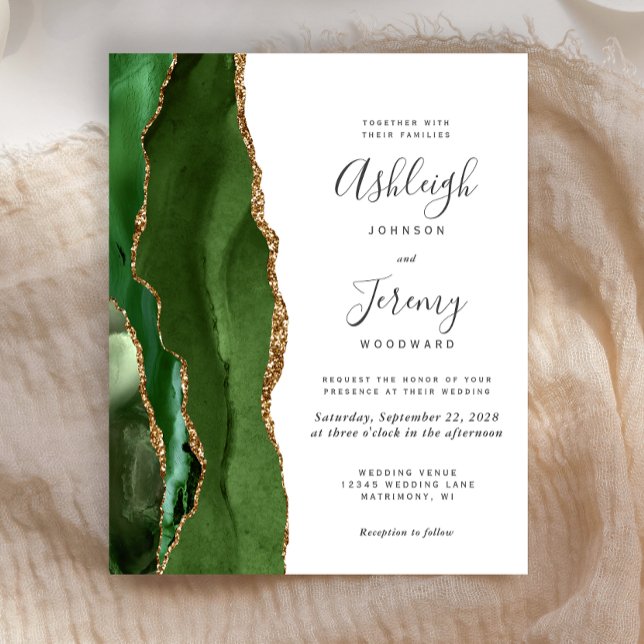 Budget Hunter Green Gold Agate Wedding Invitation (Creator Uploaded)