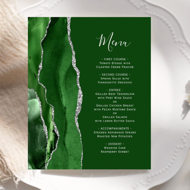 Budget Hunter Green Silver Agate Wedding Menu (Creator Uploaded)