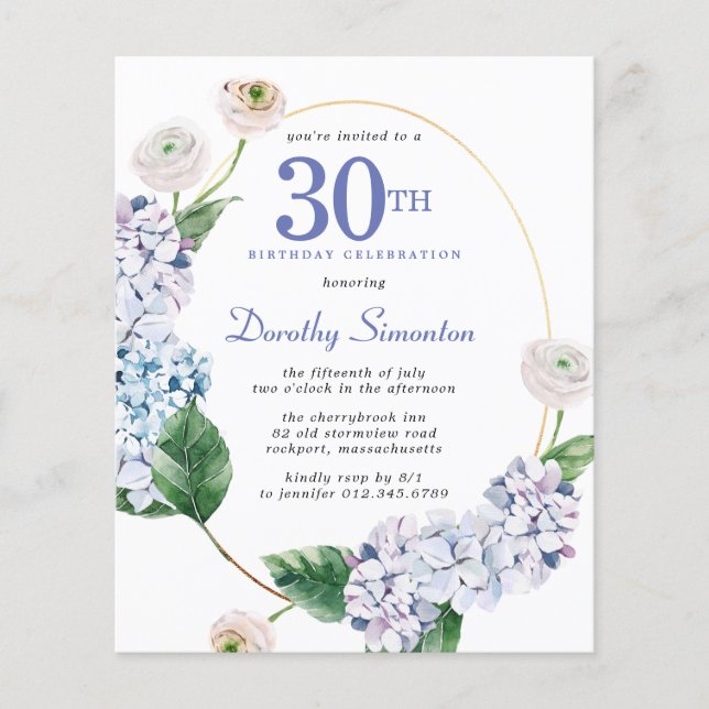 Budget Hydrangea Rose 30th Birthday Invitation (Front)