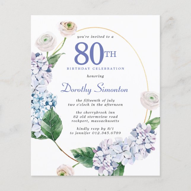 Budget Hydrangea Rose 80th Birthday Invitation (Front)
