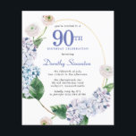 Budget Hydrangea Rose 90th Birthday Invitation<br><div class="desc">Blue hydrangea flowers and blush roses decorate a gold oval frame. An open and airy modern botanical.</div>