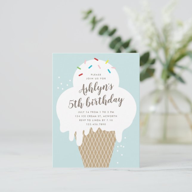 Budget Ice Cream Kids Birthday Party Invitation Postcard (Standing Front)