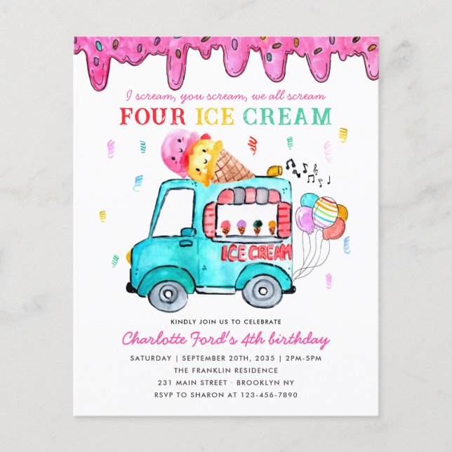 Budget Ice Cream Truck 4th Summer Kids Birthday (Front)