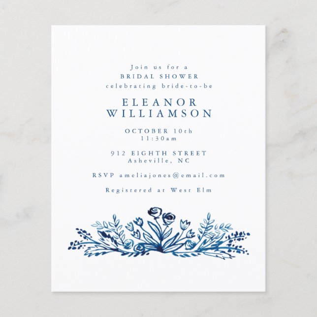 Budget Indigo Blue Ink Floral Bridal Shower Invite (Front)