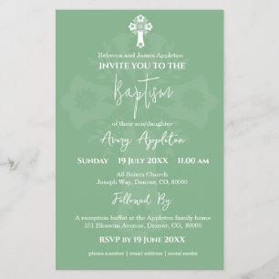 Budget Invitation Floral Cross Baptism Sage Green Flyer