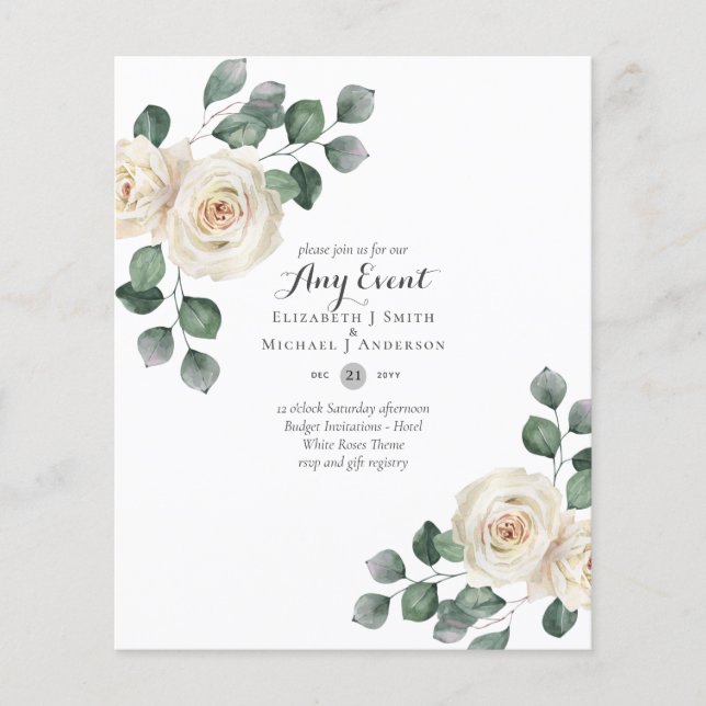 BUDGET INVITATIONS - ANY EVENT - White Roses Flyer (Front)