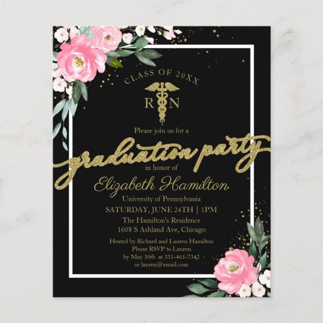 Budget Invitations Nursing School Grad Party Black (Front)