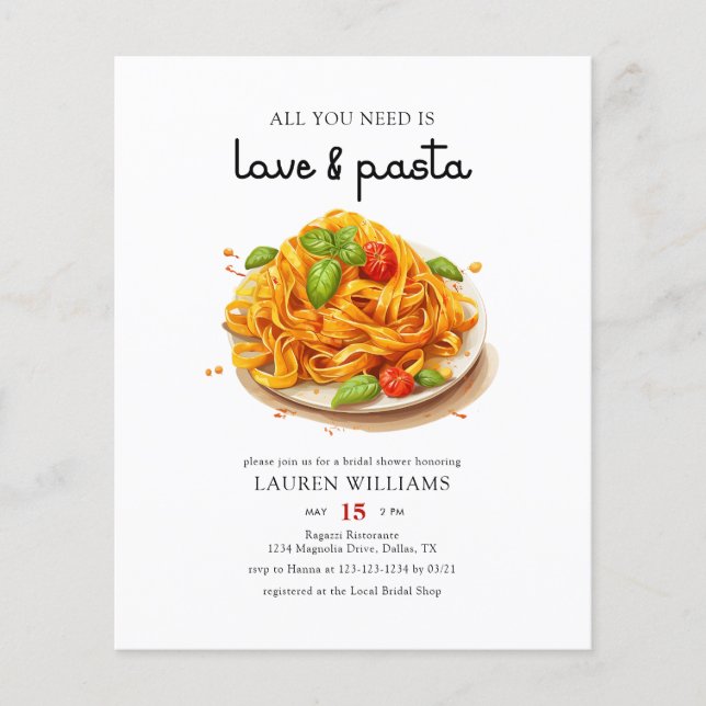 Budget Italian Love & Pasta Bridal Shower Invite Flyer (Front)