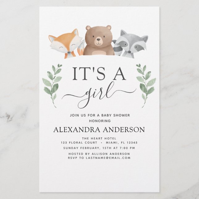 Budget It's a Girl Baby Shower Woodland Greenery (Front)