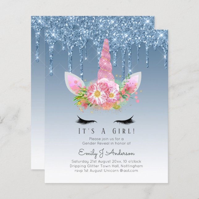BUDGET It's A Girl Glittery Unicorn Baby Shower (Front/Back)
