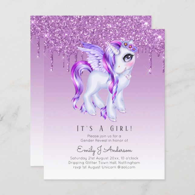 BUDGET It's A Girl Glittery Unicorn Baby Shower (Front/Back)