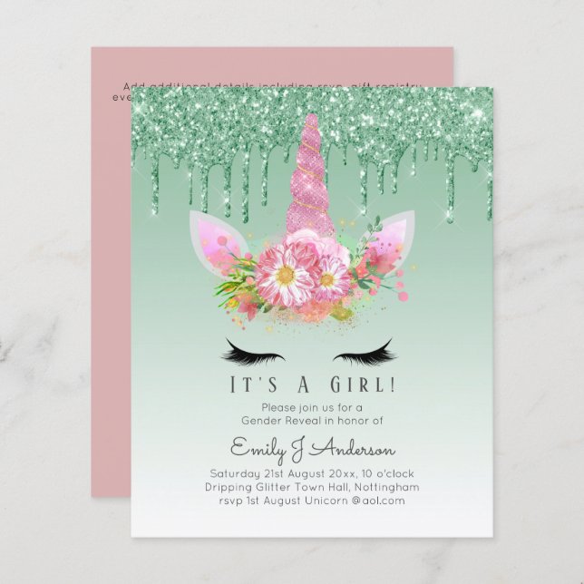 BUDGET It's A Girl Glittery Unicorn Baby Shower (Front/Back)