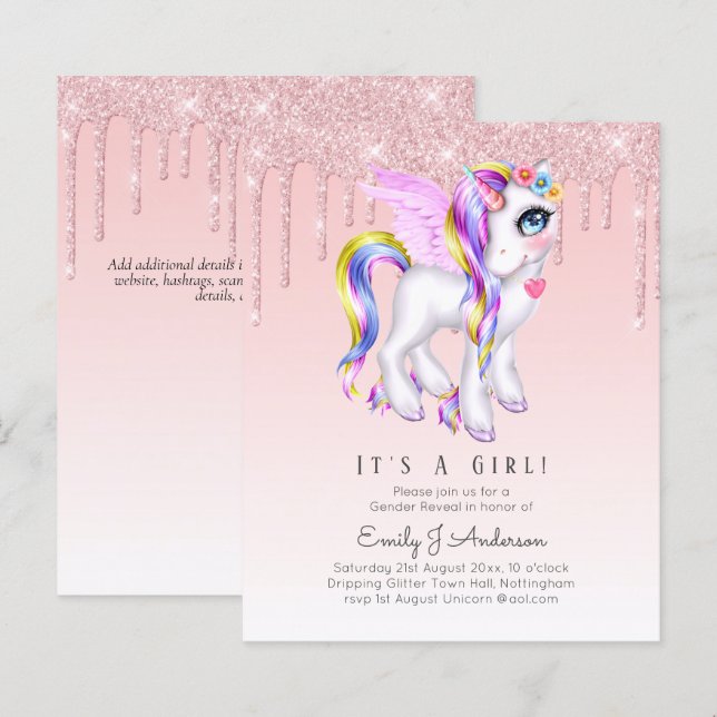 BUDGET It's A Girl Glittery Unicorn Baby Shower (Front/Back)
