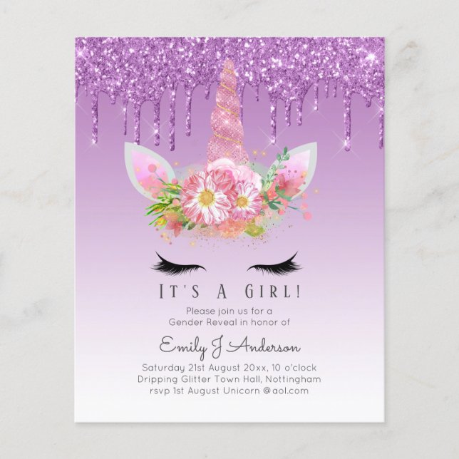 BUDGET It's A Girl Glittery Unicorn Baby Shower Flyer (Front)