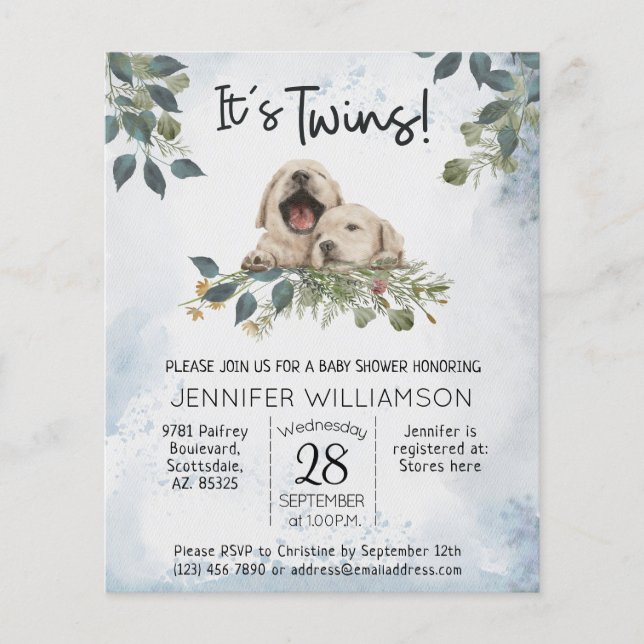 Budget It's Twins! Puppy Watercolor Baby Shower (Front)