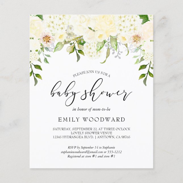 Budget Ivory Cream Floral Baby Shower Invitation (Front)