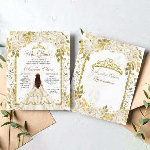 Budget Ivory Floral Princess Gold Arch Quinceanera