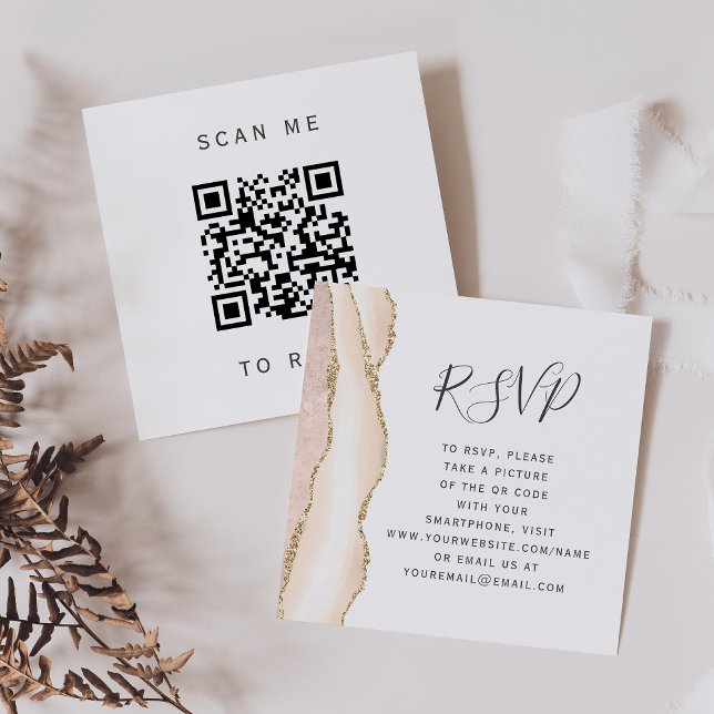 Budget Ivory Gold Agate Wedding QR Code RSVP Enclosure Card (Creator Uploaded)