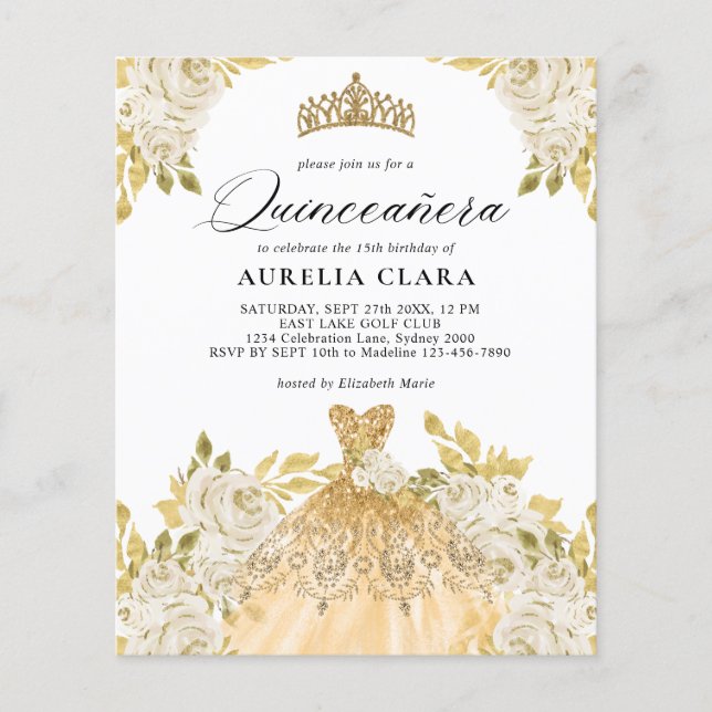 BUDGET Ivory Gold Dress Floral 15th Quinceañera (Front)