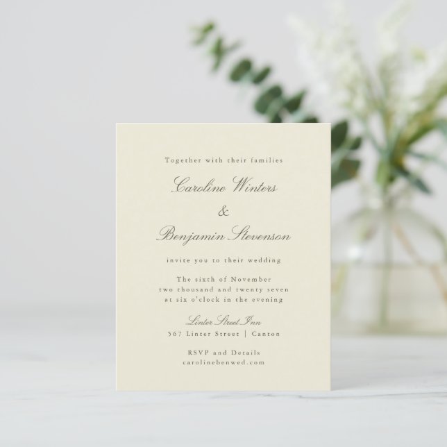 Budget Ivory Olive Elegant Wedding Invitation (Standing Front)