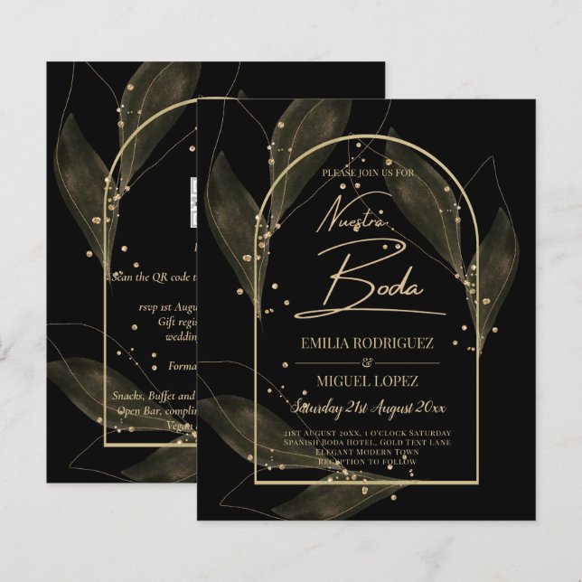 BUDGET Jet Black Gold Leaves Wedding INVITE (Front/Back)