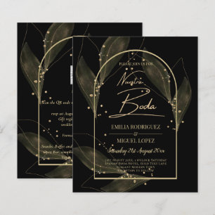 BUDGET Jet Black Gold Leaves Wedding INVITE