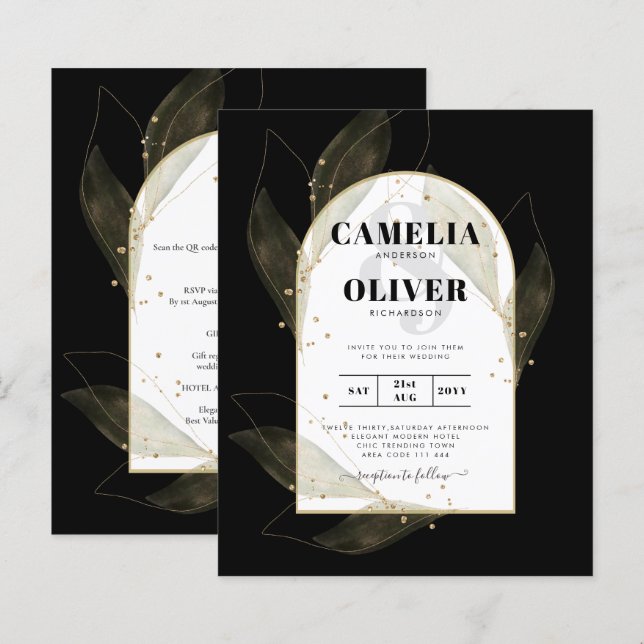 BUDGET Jet Black Gold Leaves Wedding INVITE (Front/Back)