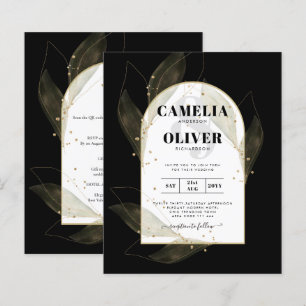 BUDGET Jet Black Gold Leaves Wedding INVITE