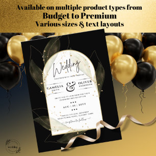 BUDGET Jet Black Gold Leaves Wedding INVITE