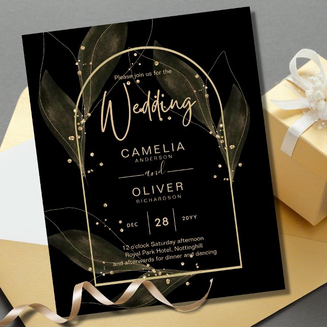 BUDGET Jet Black Gold Leaves Wedding INVITE (Creator Uploaded)