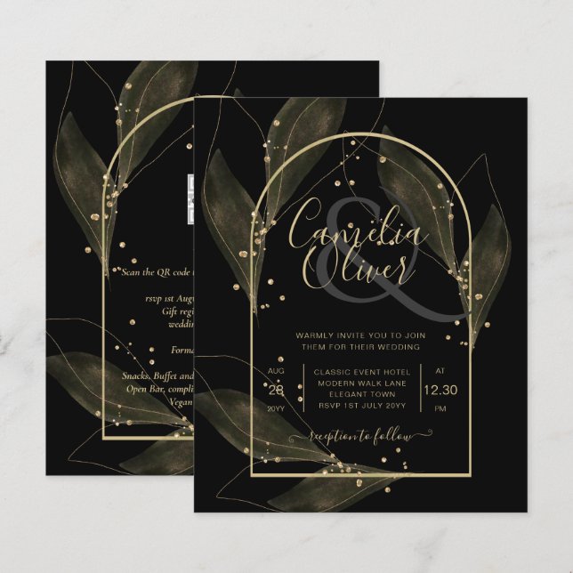 BUDGET Jet Black Gold Leaves Wedding INVITE (Front/Back)