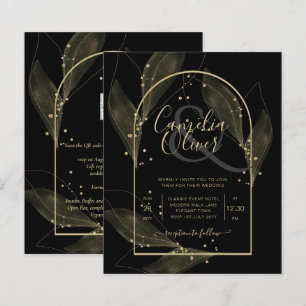 BUDGET Jet Black Gold Leaves Wedding INVITE