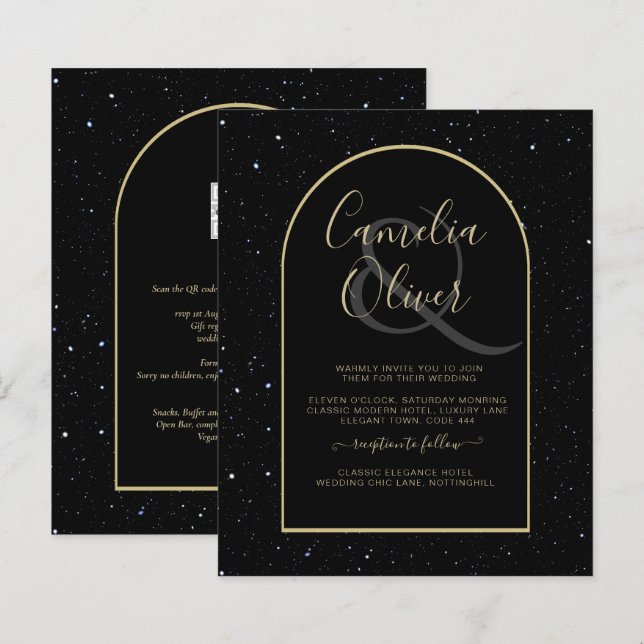 BUDGET Jet BLACK GOLD Starry Night Wedding INVITE (Front/Back)