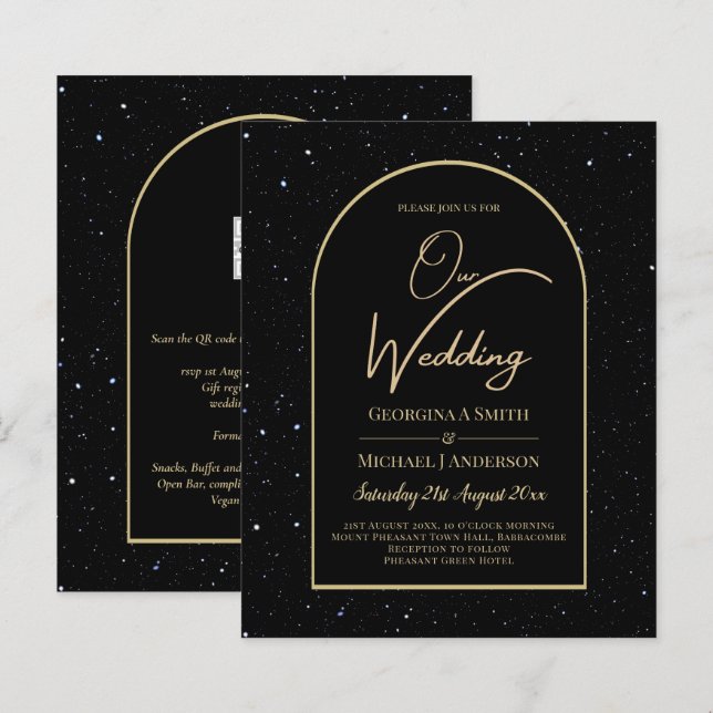BUDGET Jet BLACK GOLD Starry Night Wedding INVITE (Front/Back)