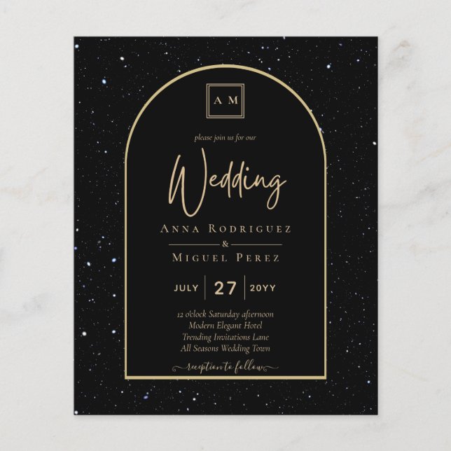 BUDGET Jet BLACK GOLD Starry Night Wedding INVITE Flyer (Front)
