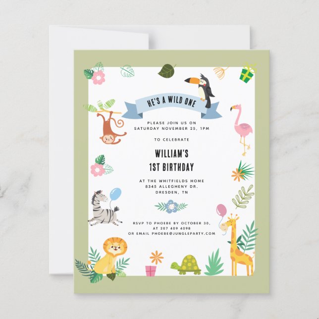 Budget Jungle Animals 1st Birthday Invitation (Front)