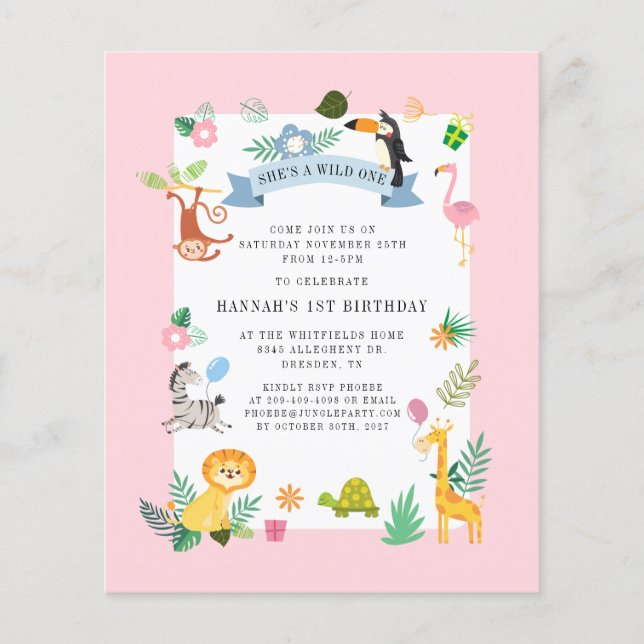 Budget Jungle Animals Girl 1st Birthday Invitation (Front)