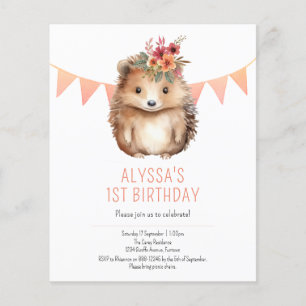Budget kids birthday invitation, girly Hedgehog Flyer