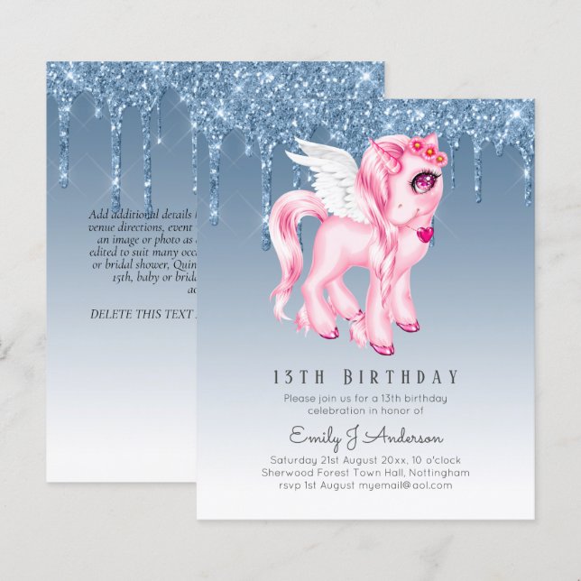 BUDGET Kids Birthday Invite Blue Unicorn Glitter   (Front/Back)