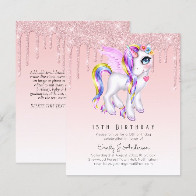 BUDGET Kids Birthday Invite Pink Unicorn (Front/Back)