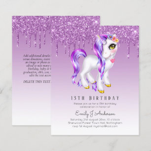 BUDGET Kids Birthday Invite Purple Unicorn