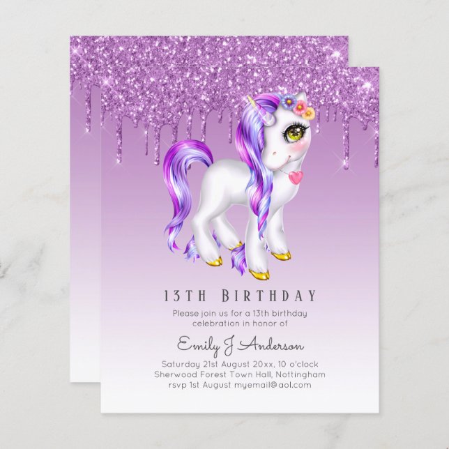 BUDGET Kids Birthday Invite Purple Unicorn (Front/Back)
