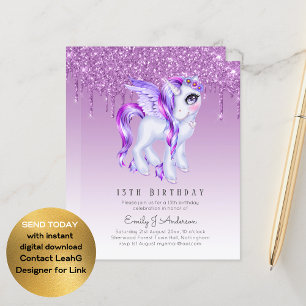BUDGET Kids Birthday Invite Purple Unicorn